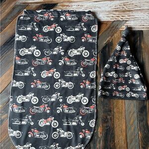 NWOT Motorcycles on Black Background Newborn Swaddle Blanket and matching Hat